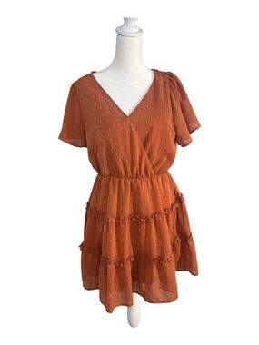 Altar’d State Rust Swiss Dot Ruffle Mini Dress Size Small Wrapped V-Neck Tiered